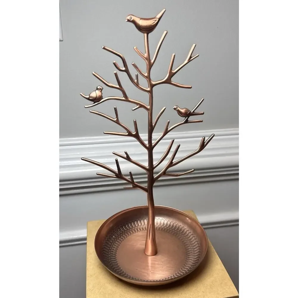 Copper Tone Bird Tree Jewelry Holder Organizer Trinket Dish Necklace Stand